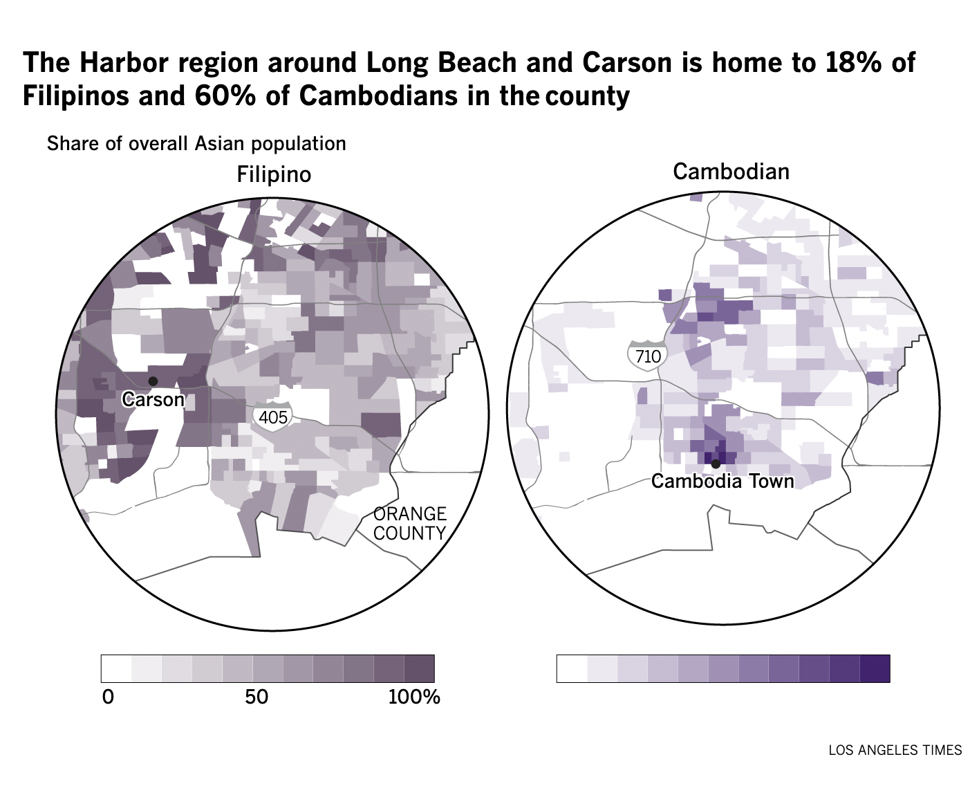 A diptych of choropleth maps showing the Filipino and Cambodian shares of the total Asian population in the Harbor area of Los Angeles County.