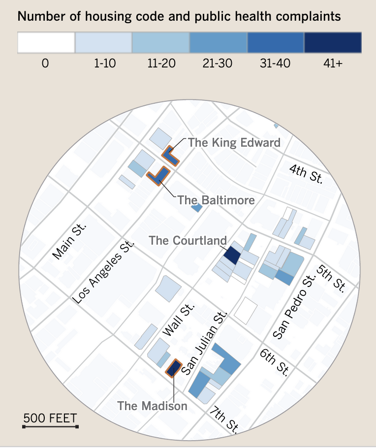 A choropleth map of a neighborhood in Skid Row that shows how AHF-owned buildings receive some of the highest numbers of complaints compared to similar residential buildings in the area.