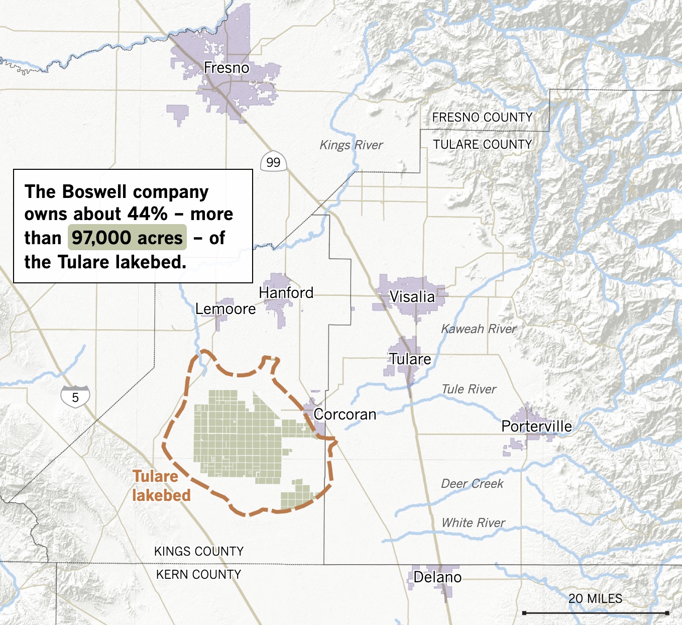 A terrain map of the historic Tulare lakebed and surrounding areas that illustrates the land holdings of the Boswell Company, which owns about 44% of the lakebed.