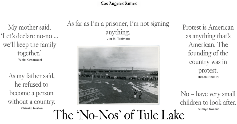 Quotes arranged around a black and white photo of the Tule Lake concentration camp.