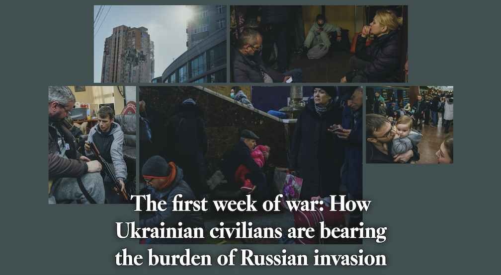 Five photos of the first few days of the war in Ukraine, arragned against a dark teal background.
