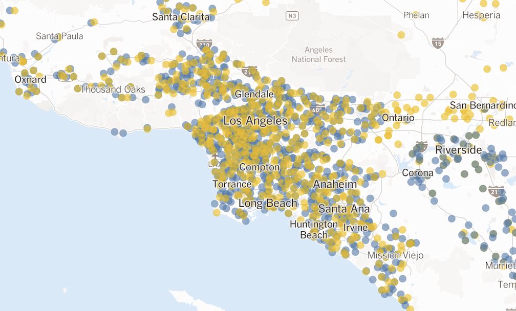 A dot map of southern California showing voting locations.